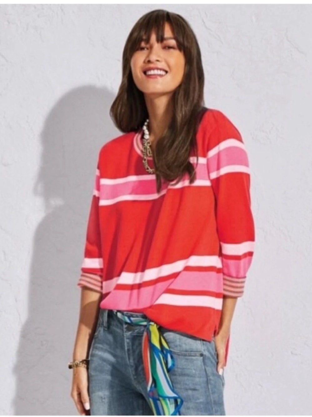 Cabi Orange + Pink Size Small Striped Cadet Pullover Sweater Cotton Style 6168